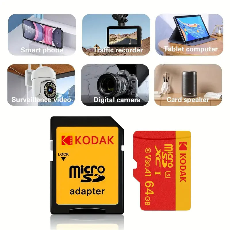 Cartão de memória Kodak Micro SD U3 de alta velocidade, classe 10, até 100 MB/s, TF com adaptador - disponível em 32 GB, 64 GB e 128 GB