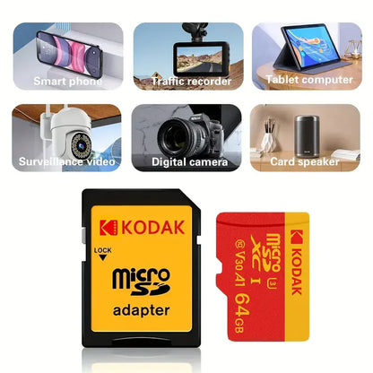 Cartão de memória Kodak Micro SD U3 de alta velocidade, classe 10, até 100 MB/s, TF com adaptador - disponível em 32 GB, 64 GB e 128 GB