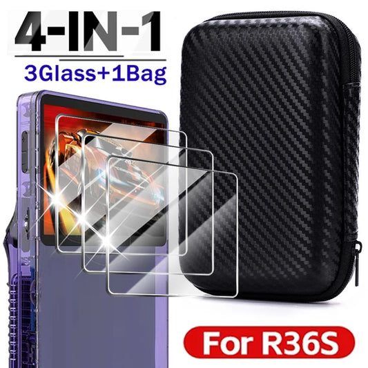 Capa 4 em 1 + vidro para console de jogos R36S, bolsa de viagem para transporte e protetores de tela, película de vidro temperado para acessórios R36S