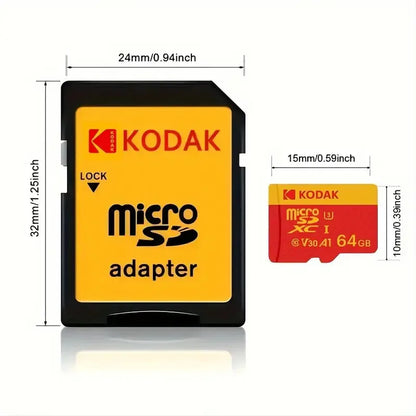 Cartão de memória Kodak Micro SD U3 de alta velocidade, classe 10, até 100 MB/s, TF com adaptador - disponível em 32 GB, 64 GB e 128 GB