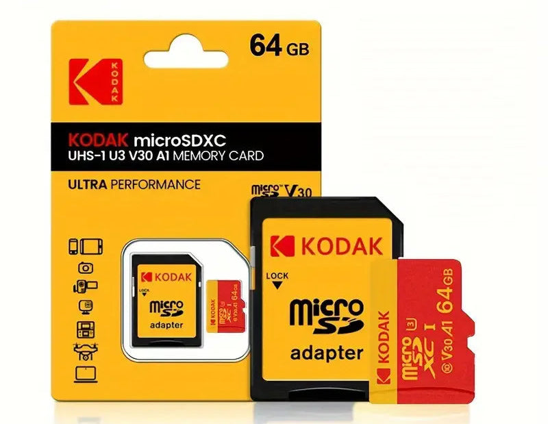 Cartão de memória Kodak Micro SD U3 de alta velocidade, classe 10, até 100 MB/s, TF com adaptador - disponível em 32 GB, 64 GB e 128 GB